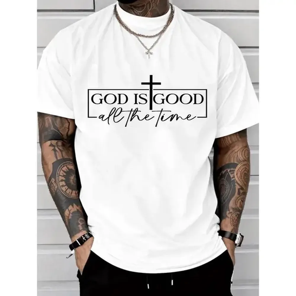 God Is Good All The Time Cross Graphic T‑Shirt Unisex Christian Faith Religious Print Casual Cotton Short Sleeve Streetwear Tops for Men Women Christian Gift