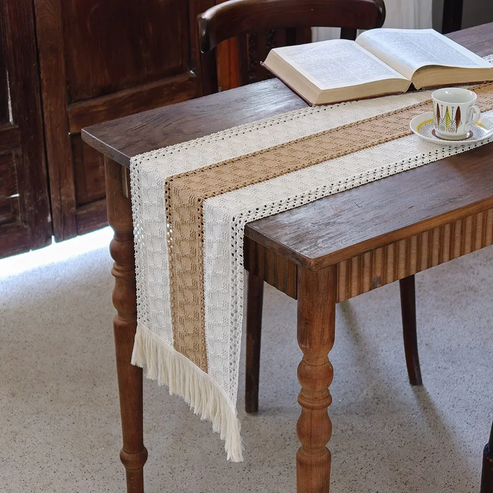 Decorative Multi‑Color Cotton‑Linen Hollow‑Out Table Runner Exquisite Tassel Ornament Table Dining Table Household Home Decor