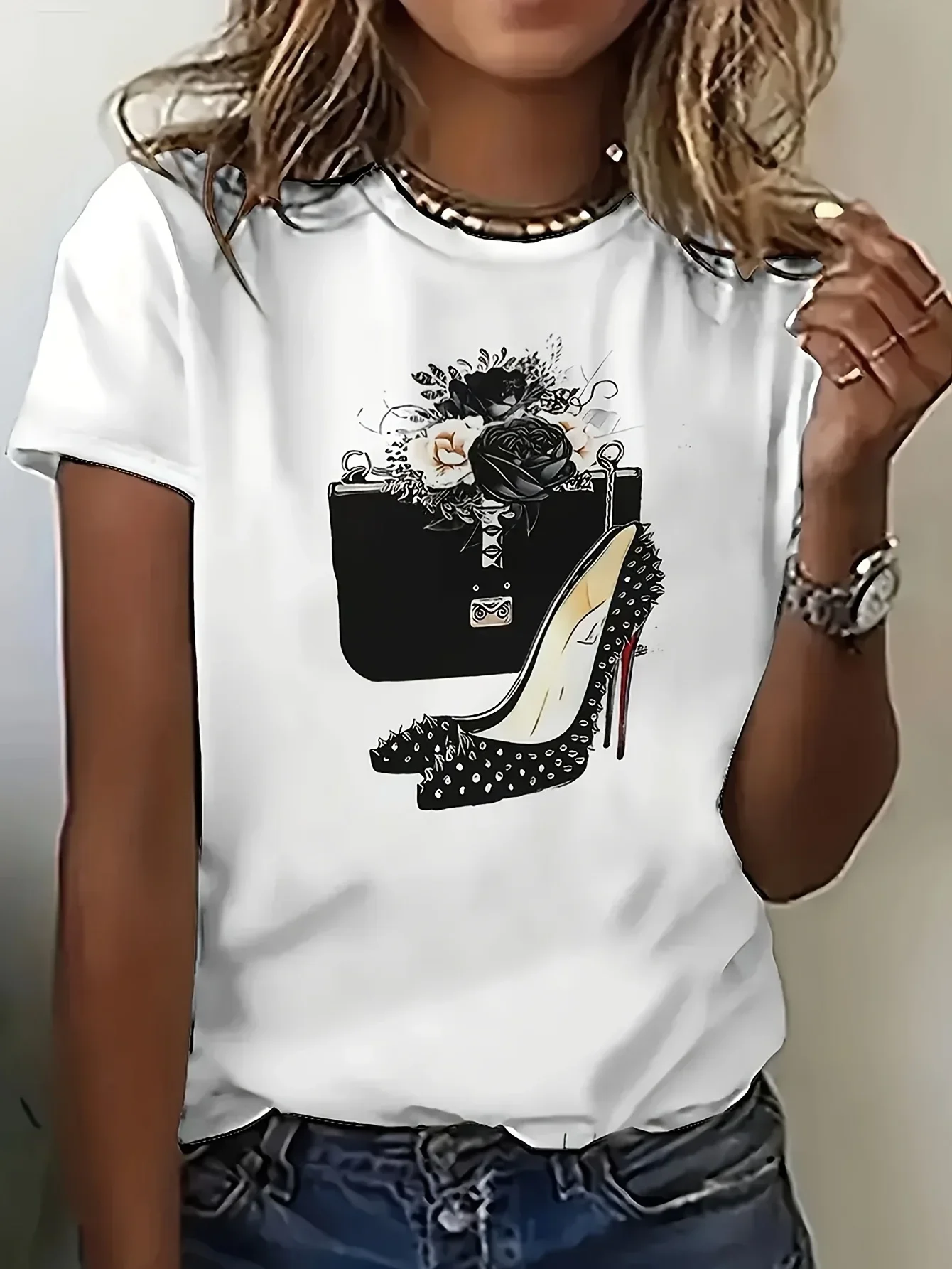 

Женская футболка-кошелек на высоком каблуке с графическим принтом и коротким рукавом с круглым вырезом, черный с белым дизайном в горошек, повседневная одежда для повседневной одежды