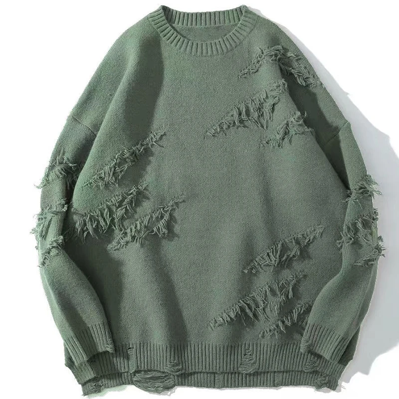 

Ripped Irregular Hole Sweater Men Vintage Design Round Neck Knitwear Pullover Winter Hip Hop High Street Men's Sweater Knitted