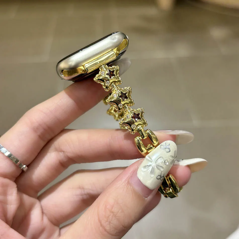 سوار مجوهرات فاخر من الزركون على شكل نجمة لساعة Apple Watch UItra 10 9 8 7 6 5 4 3 2 SE Band iWatch Series 41 مم 42 مم 40 مم 38 مم 49 مم 45 مم 44 مم 46 مم سوار نحاسي