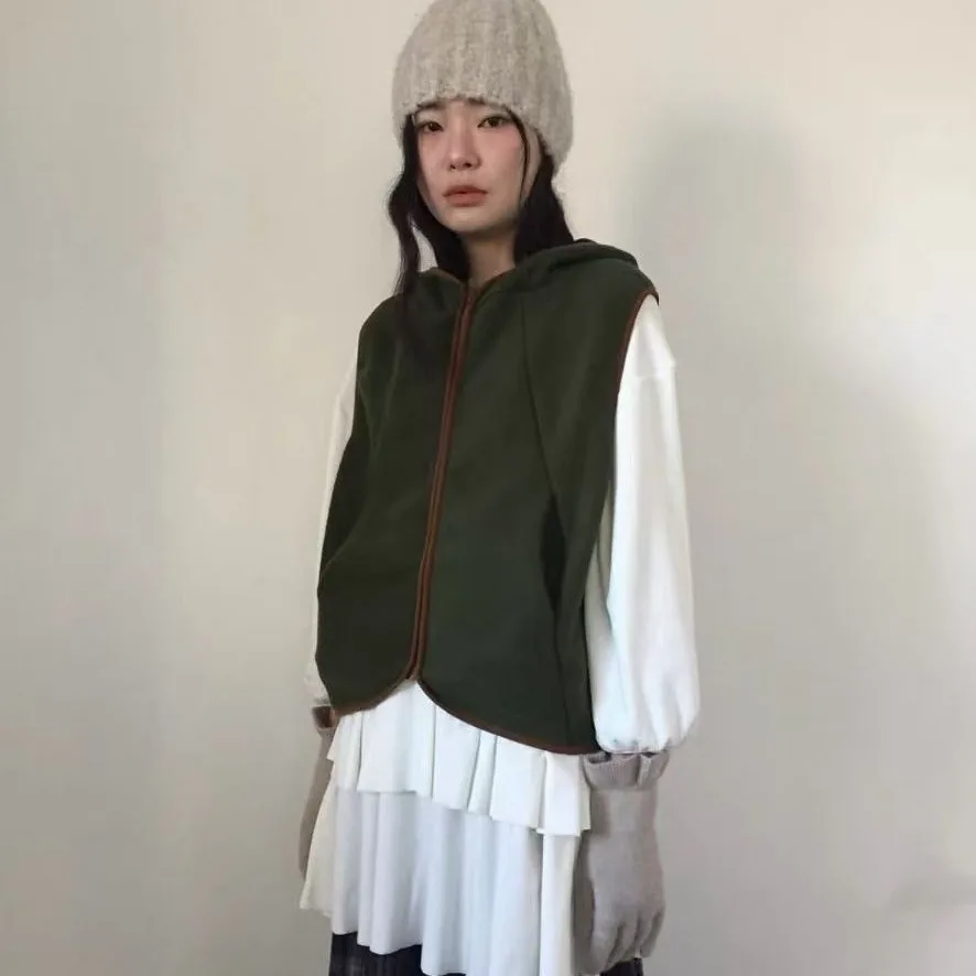 Double-Sided Fleece Hooded Vest Women's Casual Cardigan Short Length Zipper Closure Inner Wear Versatile Layering Clothing