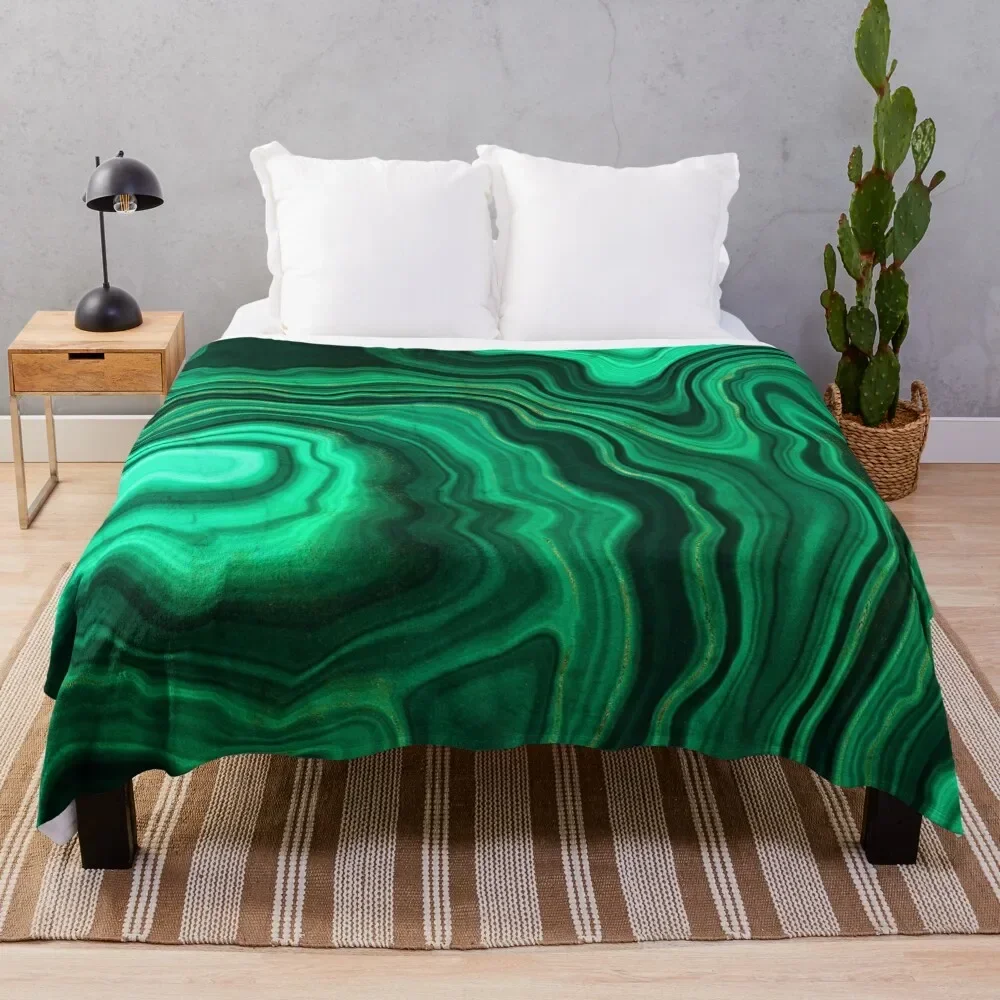 Malachite Green Faux Marble with Gold Veins III Throw Blanket Bed linens halloween Fluffy Softs Thermal Blankets