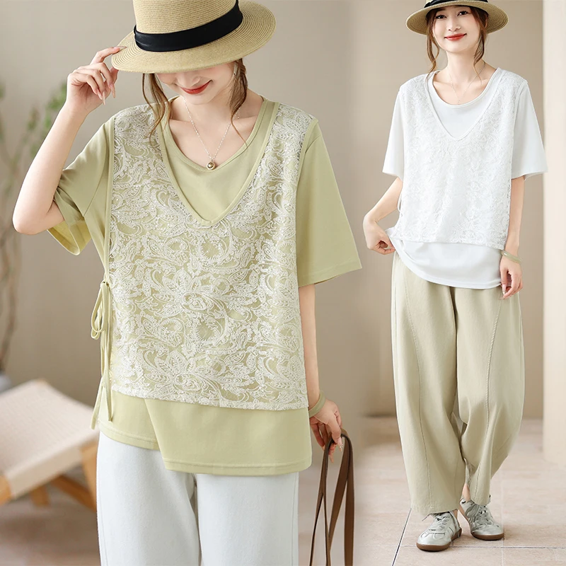

Fashionable Lace Wrap T-Shirt Women's Summer New Style Big Size Lace Fake Two-Piece Set Base Shirt Artistic Commute Style Sho...