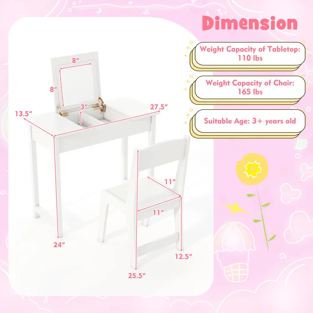 2-in-1 Kids Vanity Makeup Table and Chair Set with Flip Top Mirror-White