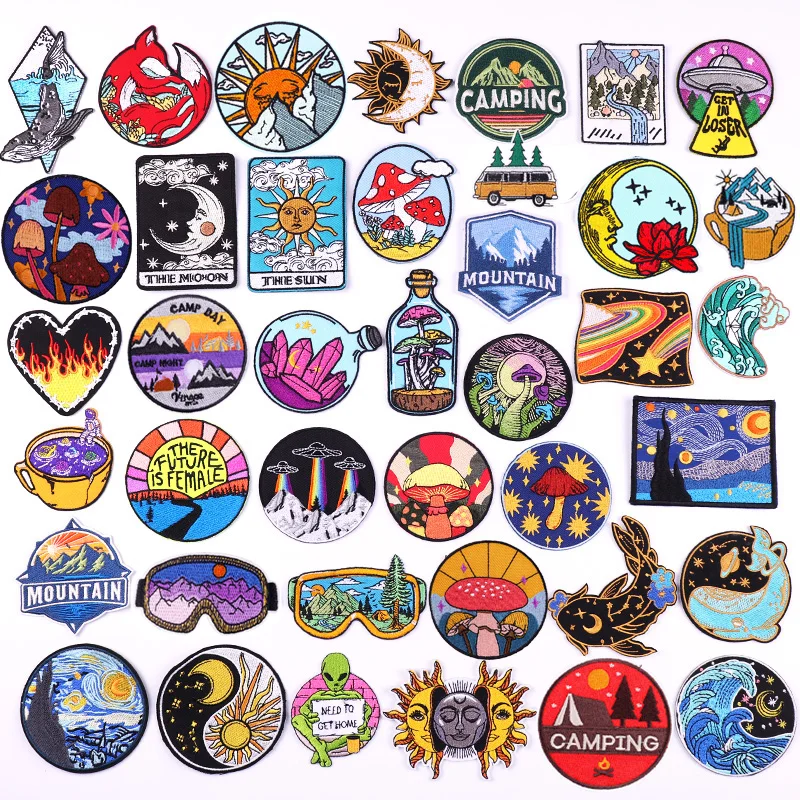 Naszywka z haftem UFO Mountain Camping Patch Iron On Patches For Clothing Thermoadhesive Patches On Clothes Mushroom Sew Sticker