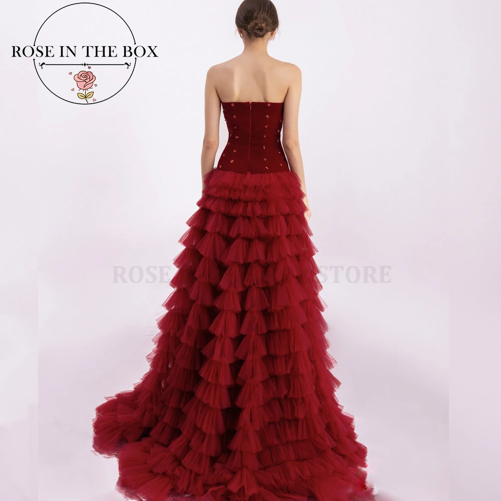 ROSEINTHEBOX Customized Glamorous Burgundy Strapless Evening Dresses for Woman Crystal  Tiered A-line Luxury Party Dresses