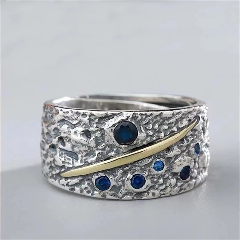 New Arrival Silver 925 Ring Male Jewelry Dominant Personalized Retro Ring For Men Jewelry Wide Starry Sky Opening Hand Ornament