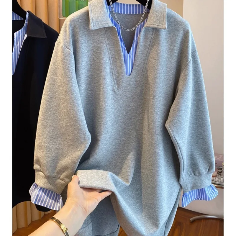 

Женские толстовки с эффектом двухслойности, весна-осень, с длинным рукавом, отложным воротником, в полоску, шикарные женские топы