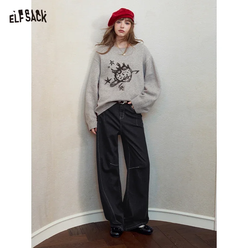 ELFSACK Women's Y2K Wide‑Leg Denim Pants with Stitch Detail, Loose Baggy Jeans, Casual Streetwear Bottoms for Daily