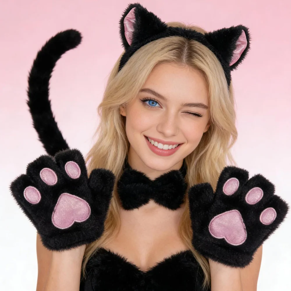 

Fur Cats Ear Headwear Tail Gloves Bowtie Suit Cosplay Lolita Jk Aniaml Fox Paw Headpiece Carnival Halloween Party Costumes Set