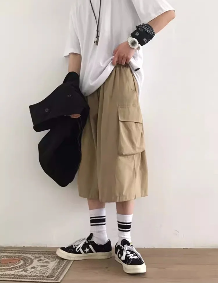 

Retro Japanese Work Trousers Loose Wide Leg Seven-Foot Corduroy kets Men's Summer Casual Pants Youth Vitali Sle Khaki