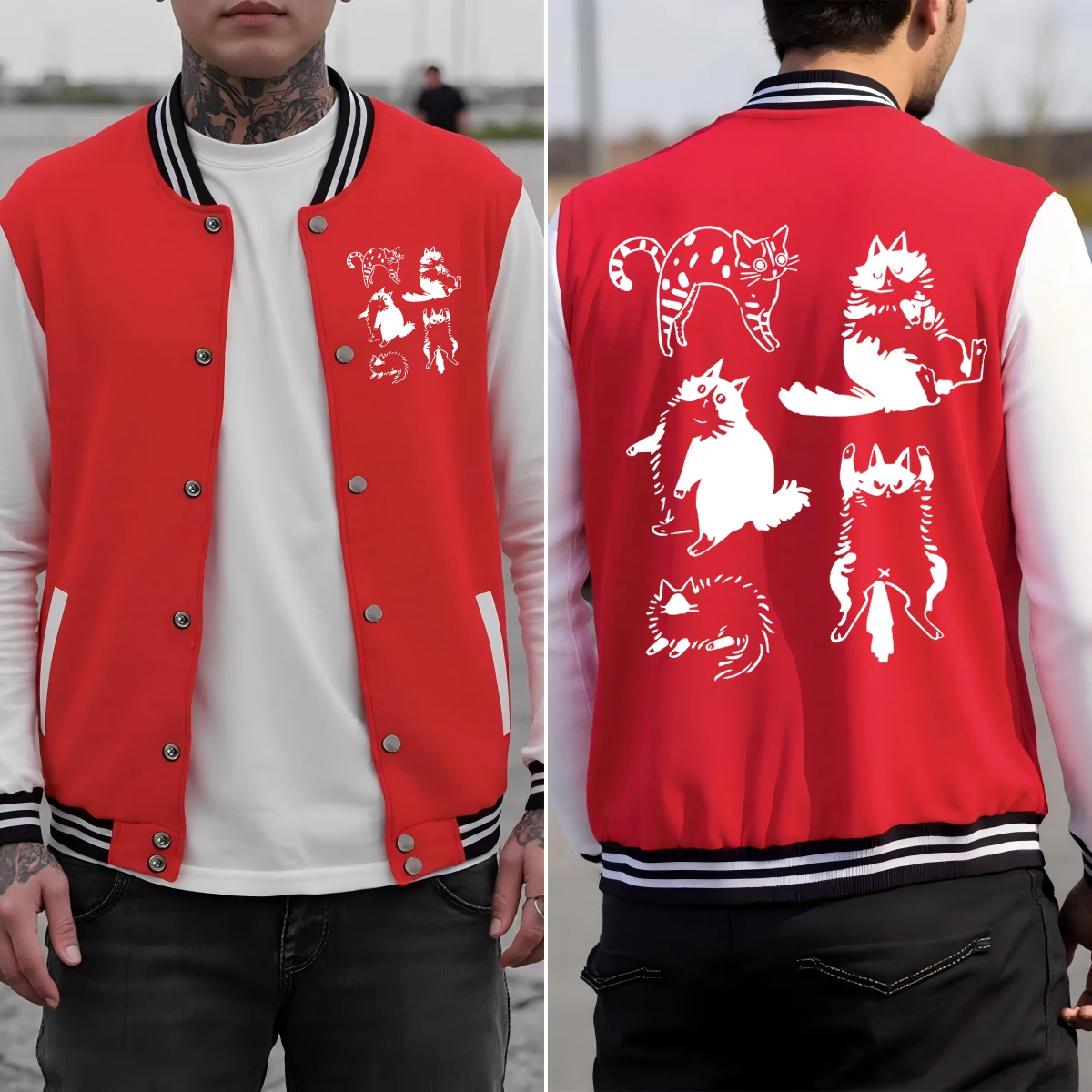 

Funny Playing Cat Printing Jacket Man Loose Cotton Baseball Uniform Autumn Hip Hop Clothes All-Match Colorful Streetwear