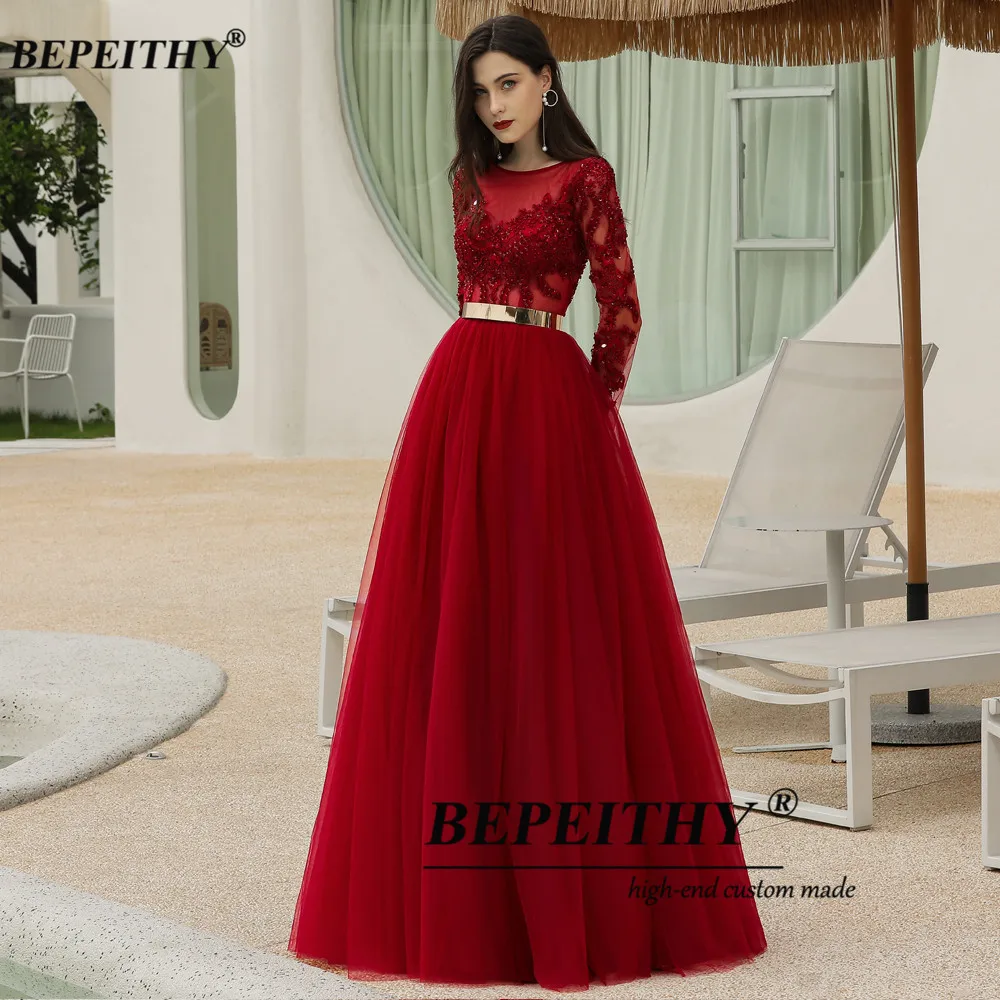 BEPEITHY Burgundy Chữ A Phối Ren Dạ HộI Dự TiệC Cưới Nữ Plus Kích Thước Tay Dài Dạ Hội Áo Chính Thức Sang Trọng Với Dây