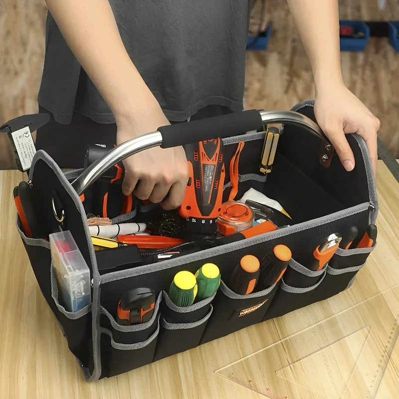 Open Top Tool Tote Bag Foldable Electrical Tool Bag Water-Resistant Tool Carrier with Adjustable Shoulder Strap Reinforced