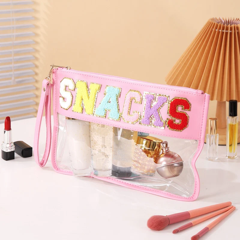 INS Style Chenille Letter Clear Zipper Pouch for Travel Nylon Clear Cosmetic Bag Makeup Travel Bag for Women Girls SNACKS Bags