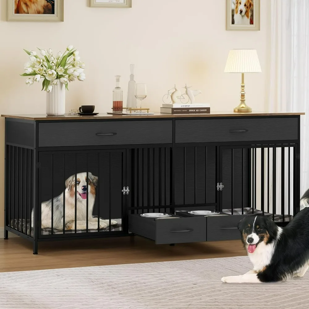 Dog Crate, Indoor Kennel for Large Breed with Storage Feeder, Wooden Pet Crate TV Stand Table for 2 Small Medium Dogs, Dog Crate