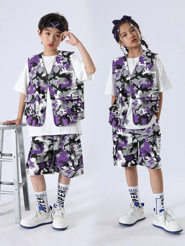 Kids Hip Hop Clothing Jazz Dance Costume Camouflage Vest Shorts Boys Hiphop Performance Outfits Girls Kpop Stage Clothes BL10808