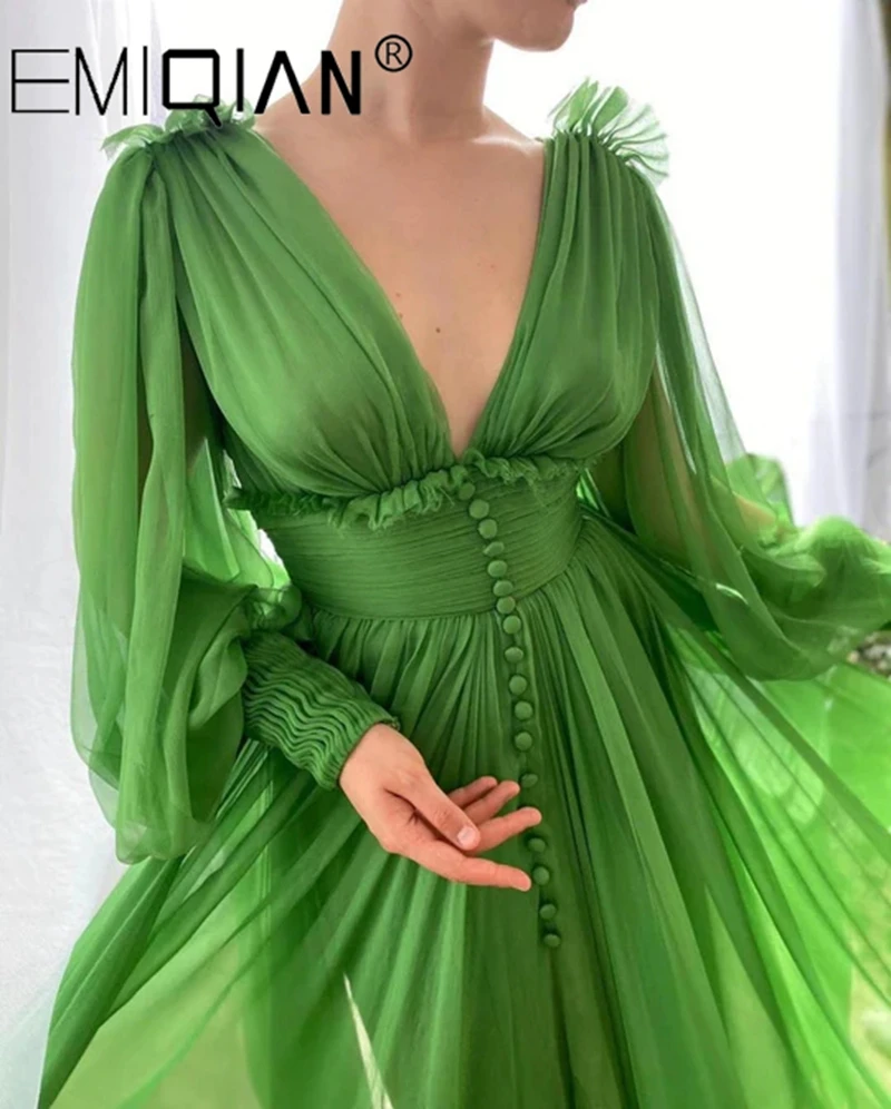 Green Chiffon Long Prom Dresses Flowing Sleeve Ruched Waist Luxurious Buttons Evening Dresses Party Dresses Evening Gowns