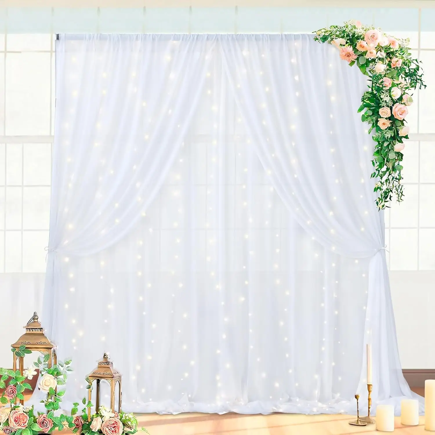 

Sheer Backdrop Curtain with Lights String for Party 20×10ft White Tulle Backdrop Curtain for Wedding Birthday Party Photo Shoot