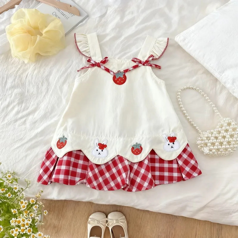 Summer Girls' New Sleeveless Dress Fashionable and Cute Sweet Strawberry Suspender Plaid Patchwork Dress