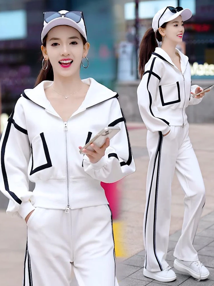 

Уникальный повседневный комплект спортивной одежды в полоску, женский осенний комплект 2024, новый открытый кардиган, толстовка, широкие брюки, комплект из двух предметов