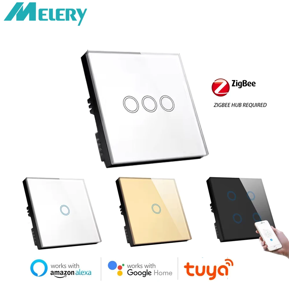 

Melery Zigbee Smart Light Wall Switch UK Standard Glass Touch Sensor Wireless Electrical Remote Control by Alexa Google Home
