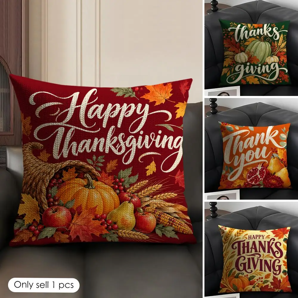 Thanksgiving Wreath Maple Leaves Pumpkin Cushion Cover Skin-Friendly Linen Pillow Cover Durable Hypoallergenic Washable Soft