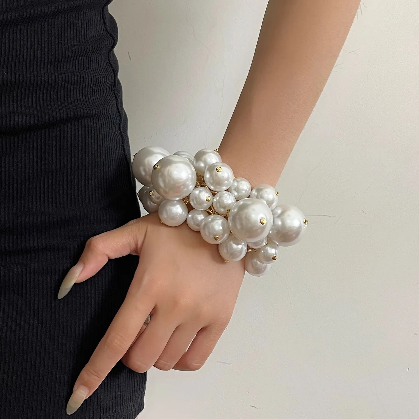 2026 Oversized Pearl Statement Bangle, Heavy Craft Gold Open Bracelet, Chunky Cuff for Women, Luxury Minimalist Hand Jewelry