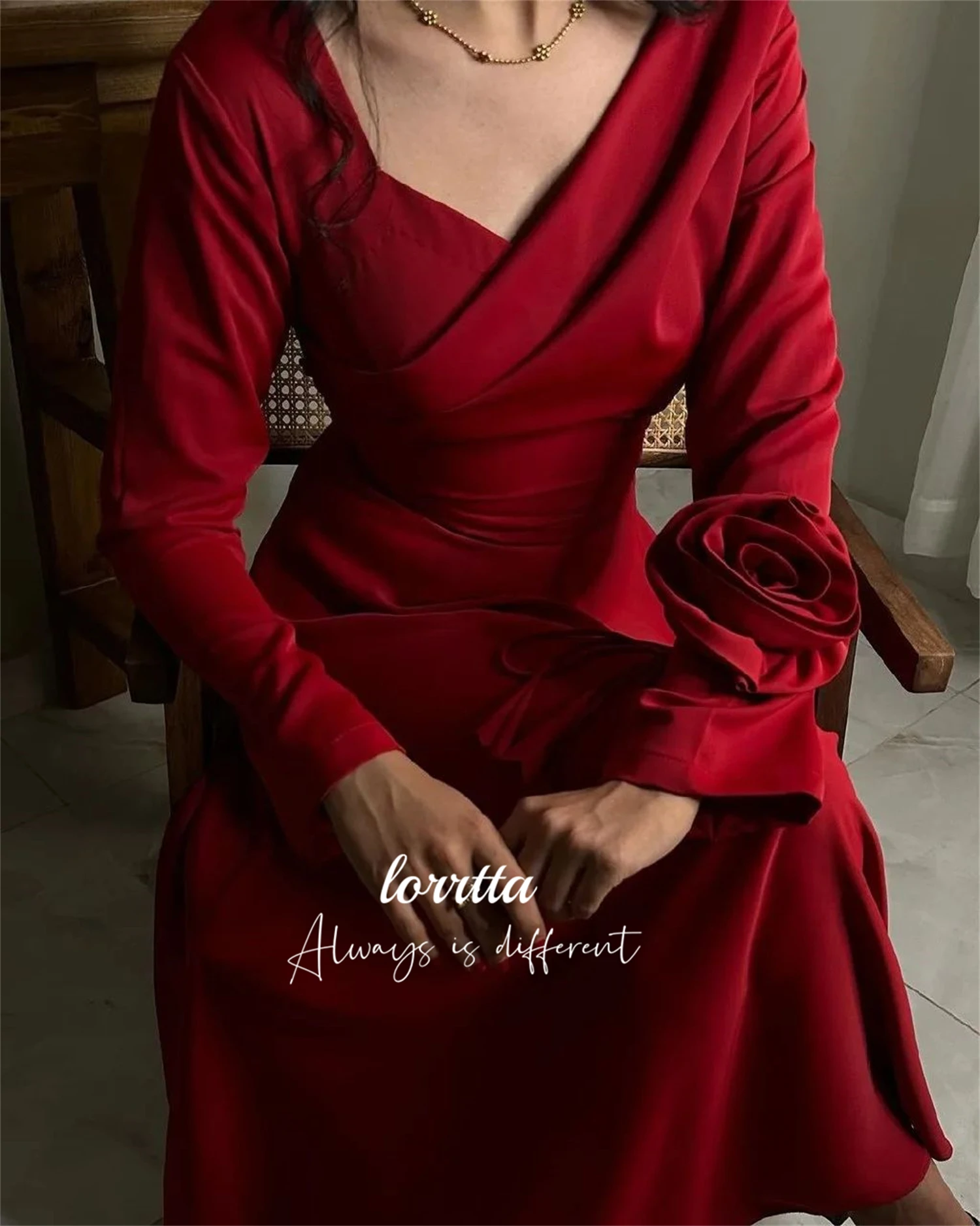 Lorrtta Medium Length Deep Red Long Sleeves V-neck Evening Dress Elegant Party Dresses Woman Prom Wedding Customized 2024 Gown