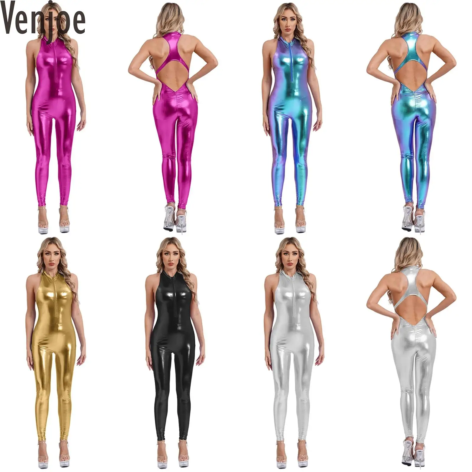 

Womens Shiny Metallic Gymnastic Bodysuit Sleeveless Back Cutout Long Pants One-piece Rompers Jumpsuit for Disco Dance Leotards