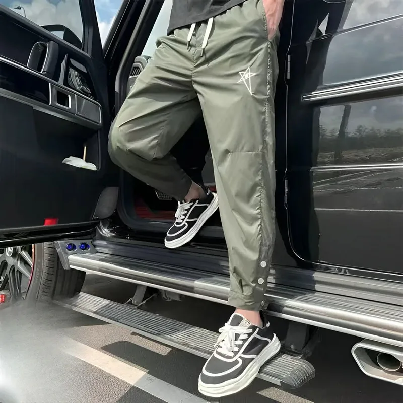 Men Clothing Summer New Ice Silk Air Mesh Star Embroidery All-match Casual Pants For Man Pin Buckle Sweatpants Pantalones Hombre