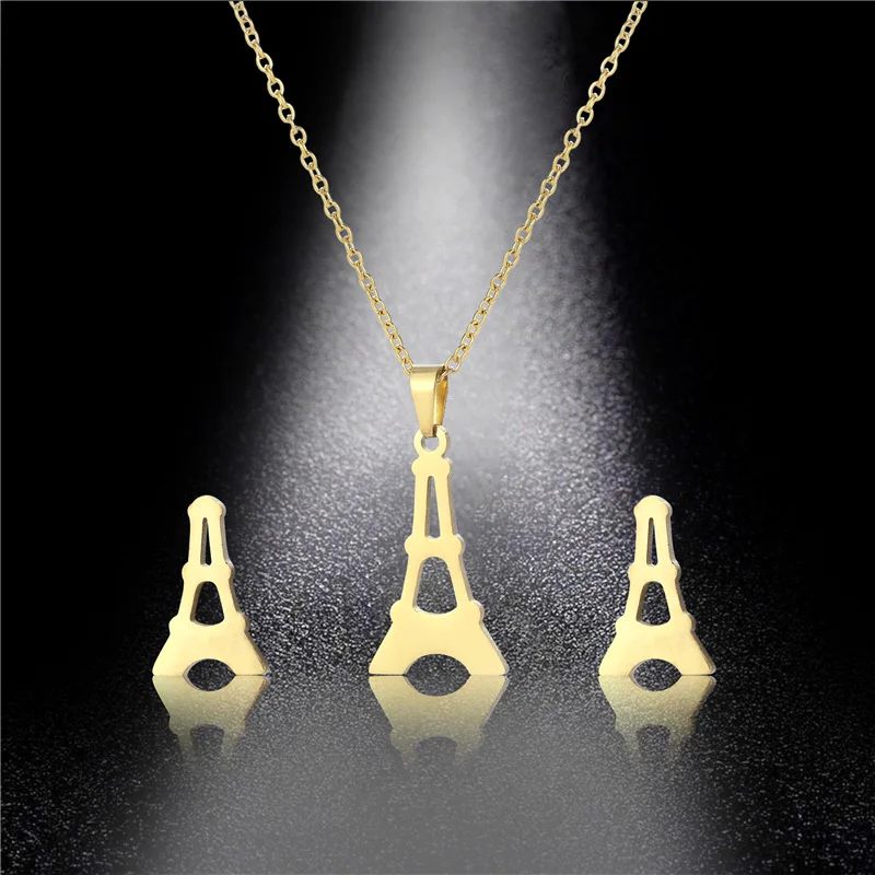 LuxuryStainless Steel Famous Building Eiffel Tower Jewelry Set Chic Design Crescent charm Necklace Earring Women Gifts TZ263