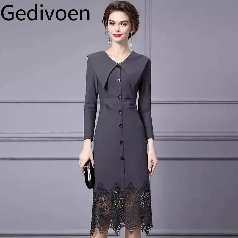 Gedivoen Hollow Out Lace Splicing Fashionable Dress Women's Turn-Down Collar Long Sleeved Single-Breasted Elegant Dresses