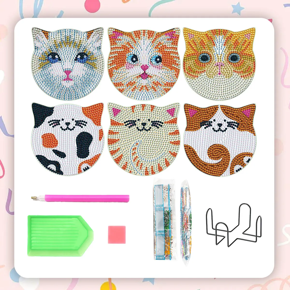 

CHENISTORY 6 pcs Diamond Painting Coasters Set DIY Cartoon Cat Pattern Round Coasters Handmade Diy Crystal Diamond