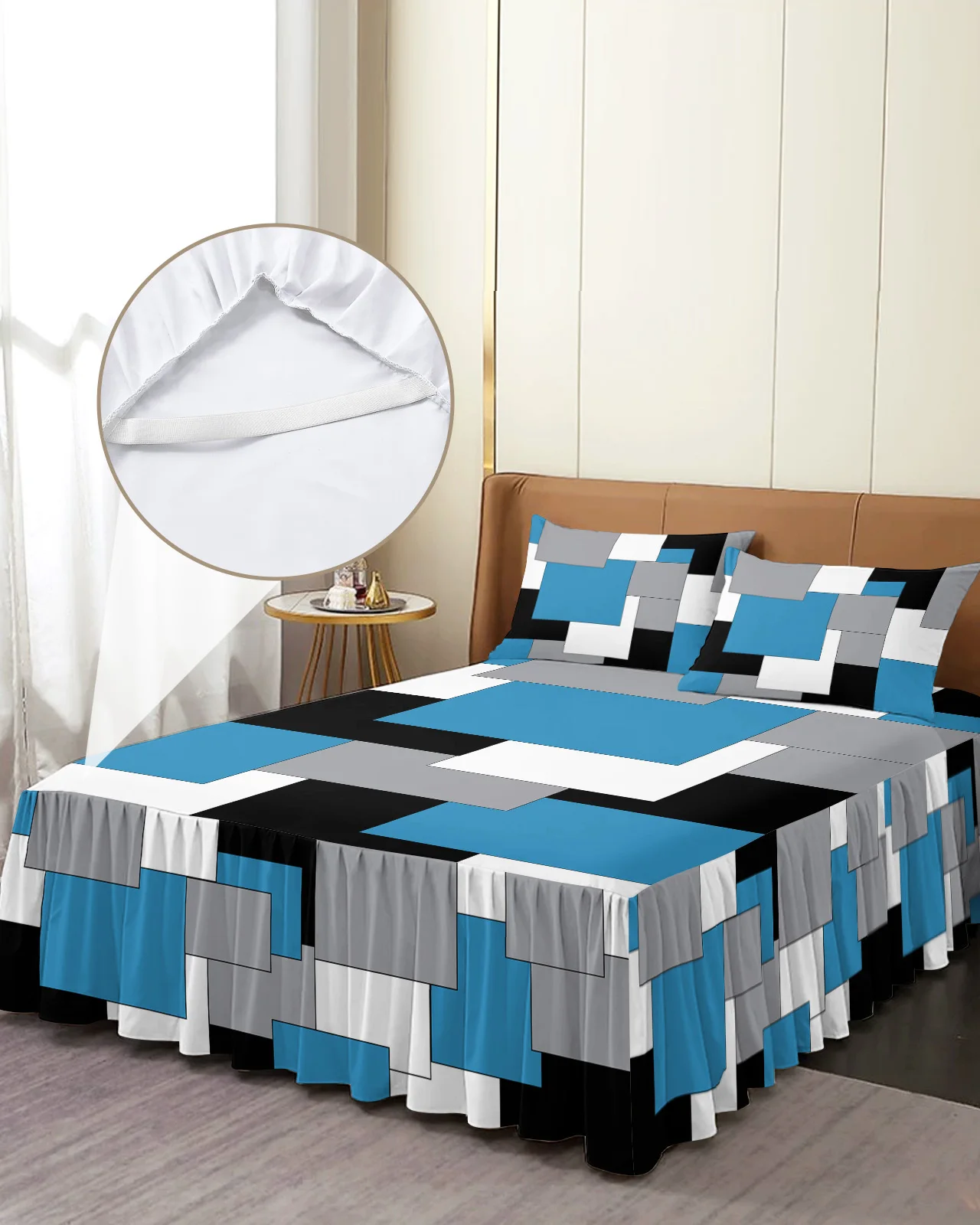 Blue Black Grey Patchwork Abstract Art Medieval Style Bed Skirt Fitted Bedspread With Pillowcases Mattress Cover Bedding Set