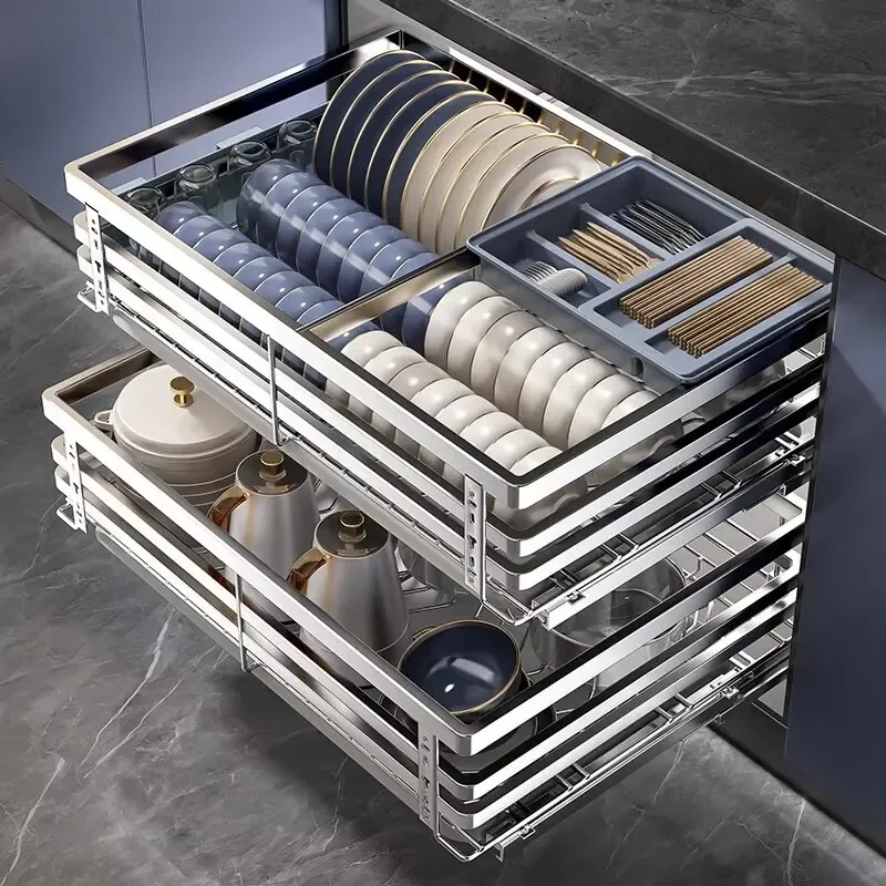 Pull-out Basket Cabinet Double Drawer Dish Rack Storage Rack Built-in Deep Cabinet Super Rugged Modern Kitchen Locker