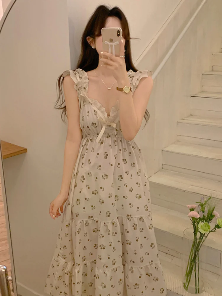 Cherry Sweet Print Soft Summer Korean Sleeveless Sling NightDress Women Elegant Casual Lazy Holiday style Simple Sleepwear Ins