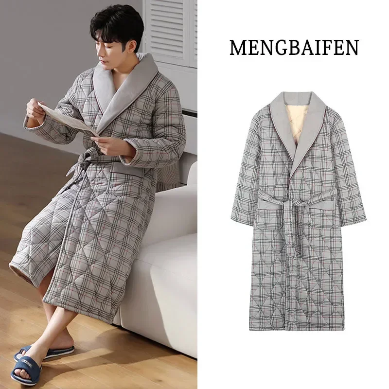 

Plaid Sleepwear Men's Winter Pajamas Thick Bathrobe Warm Home Gown Plus Size Shower Robe Quilted Cotton Nightgown Man Housecoats