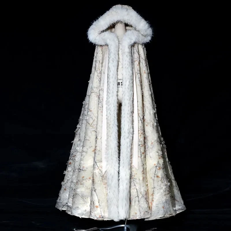 

Hanfu Women's Cloak [One Tree Pear Blossom] Winter Costume Long Thickened Chinese Style Coat Hooded Cape Windbreaker w1549