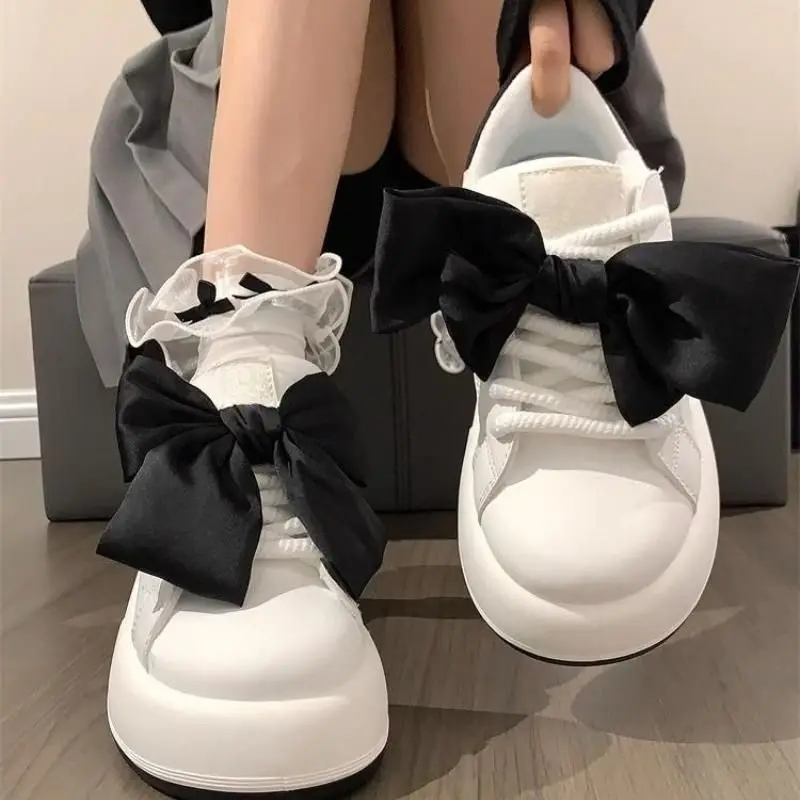 Kawaii Bow White Sneakers for Women Platform Sports Shoes Tennis Female Flats Spring Summer 2024 Vintage Cute Korean Fashion