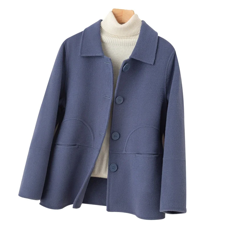 2024 Short Women's 100% Wool Coat Double-Sided Woolen Polo Collar Jacket Spring and Autumn Buckle Coat Loose and Comfortable