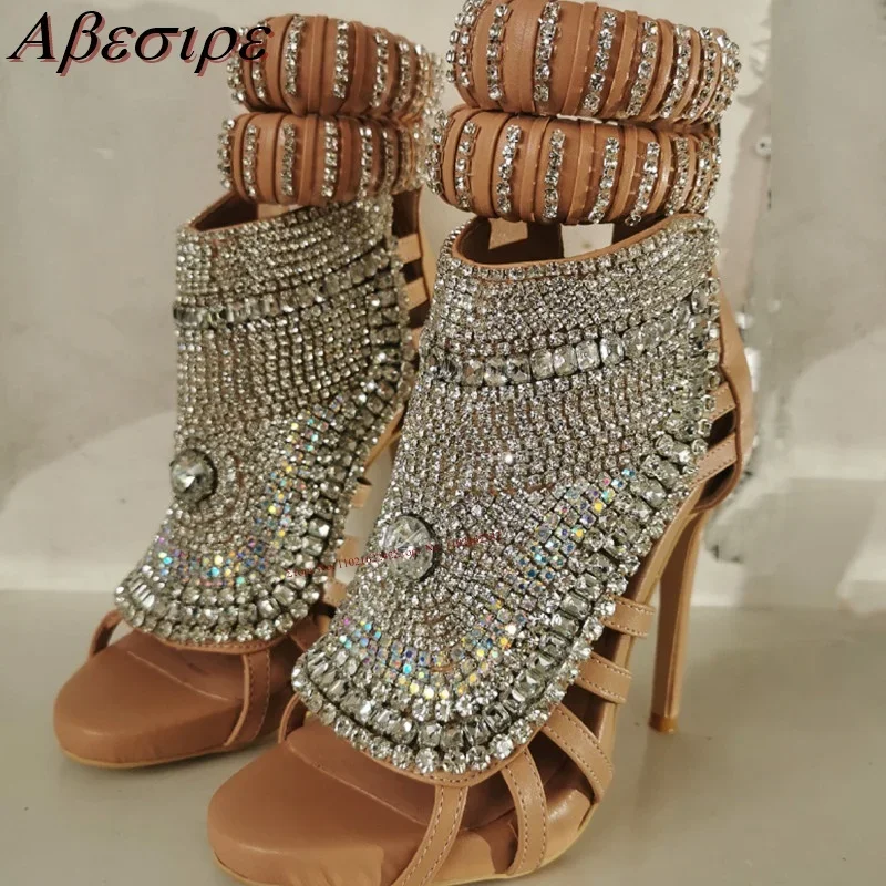 

Hollow Rhinestone Stiletto High Heels Open Toe Back Zipper Water Platform Sandals Versatile Banquet Party Dress Women'S Shoes 47