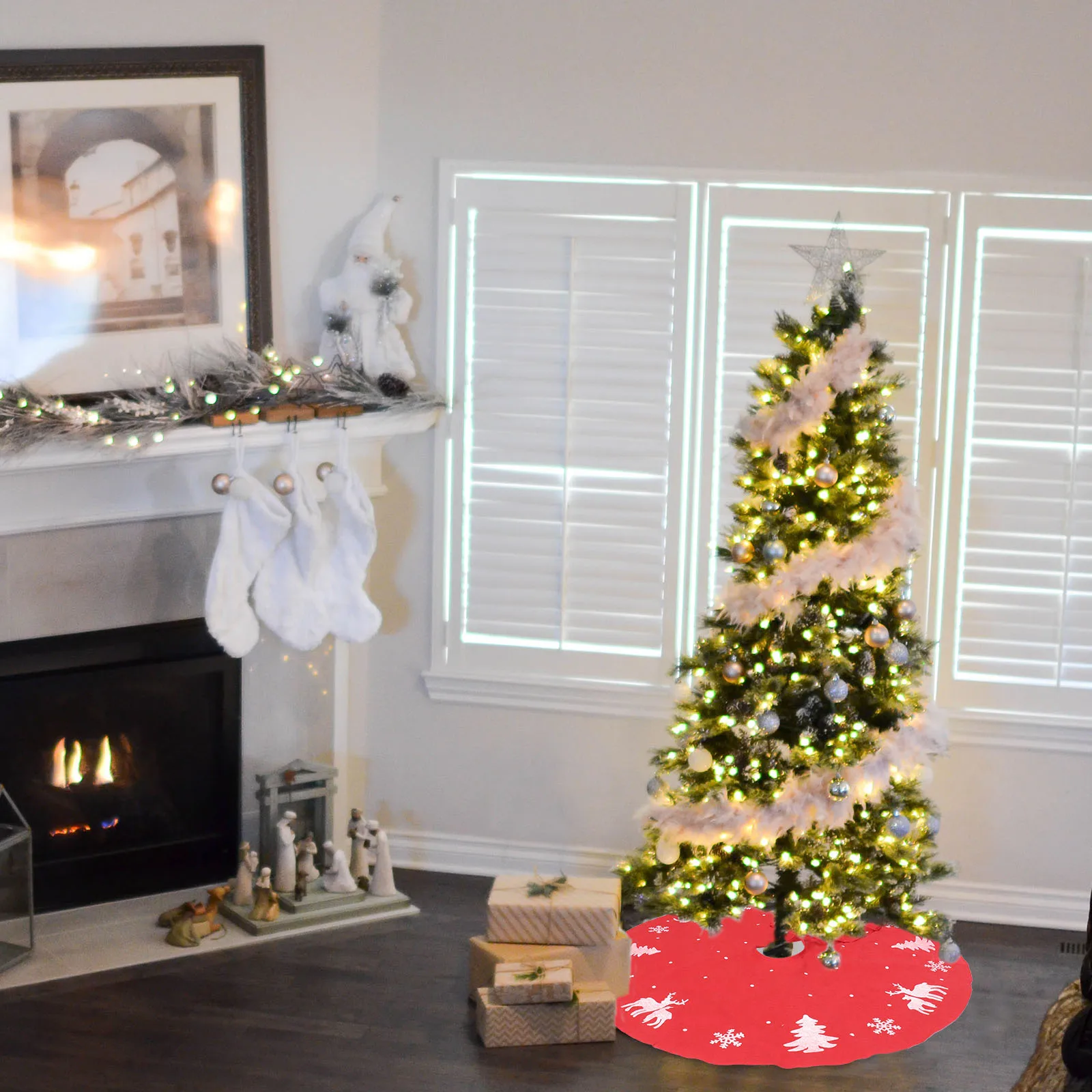 

Christmas White Skirt Red Christmas Tree Skirt Faux Carpet Decorations for Tree Bottom Cover Party Xmas Home Hotel
