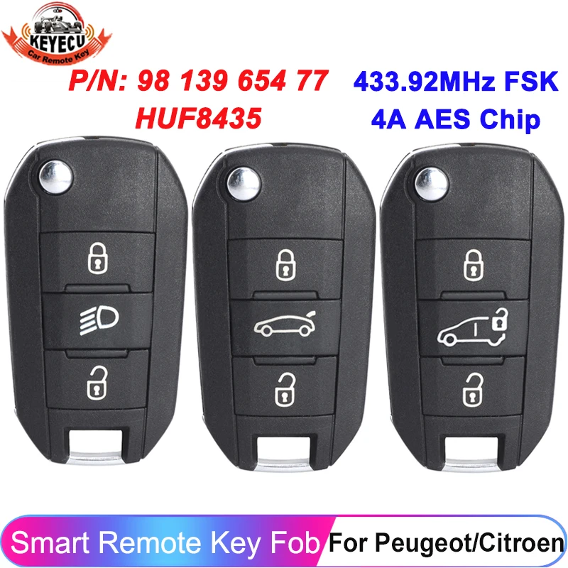 KEYECU klucz składany 4A Chip 433MHz dla Peugeot 208 2008 308 508 Citroen C3 C4 C5 2017 2018-2022 3 przyciski inteligentny pilot bez Logo brelok