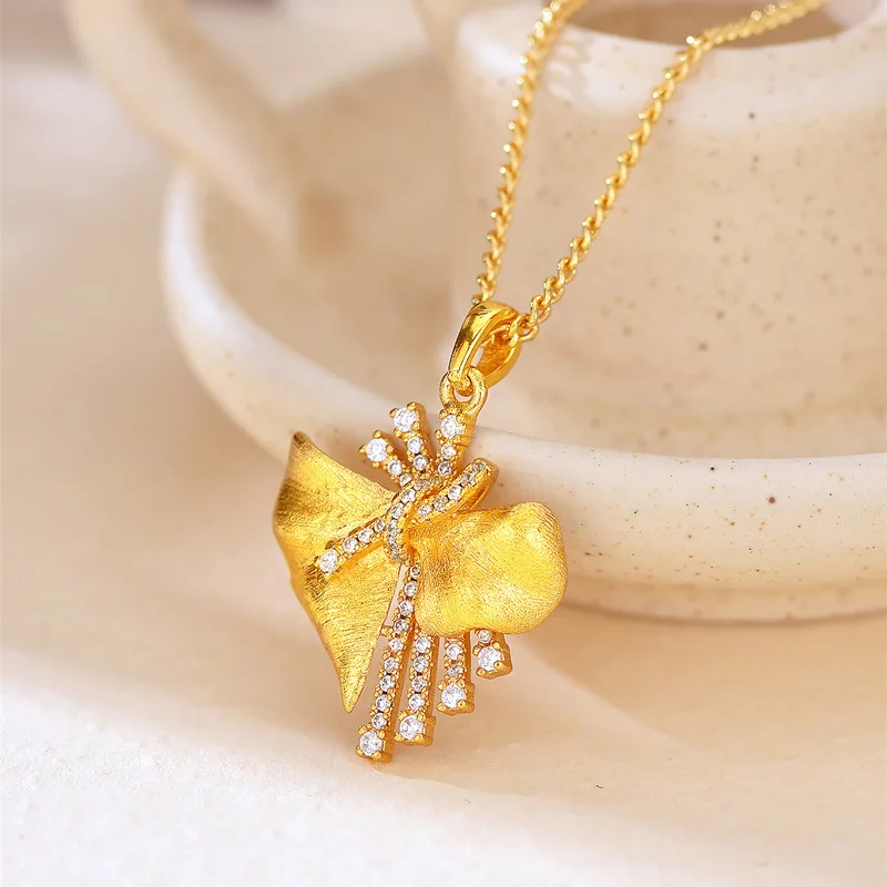 الفاخرة 24K 9999 الذهب الخالص الذهب الحقيقي المرأة نحى القوس قلادة قلادة