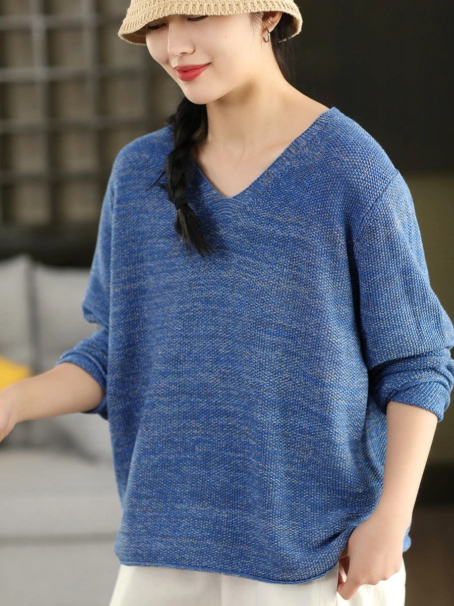 

Retro Colored Knit Sweater Women's Loose Long Sve V-Ne Pullover Cotton Tead Knitted Top Vintage Sle Casual Faion