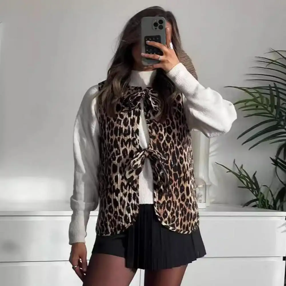 

Leopard Print Women Vest Leopard Print Lace-up Knot Vest for Women Slim Fit Waistcoat with Round Neck Club Party Top Round Neck