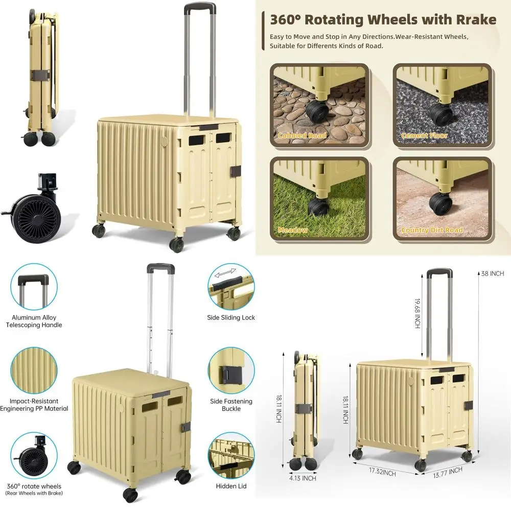 

Portable Folding Utility Cart: Rolling Storage Trolley for Teachers, Shopping, and Office Use with Lid, Basket, and Durable Fram