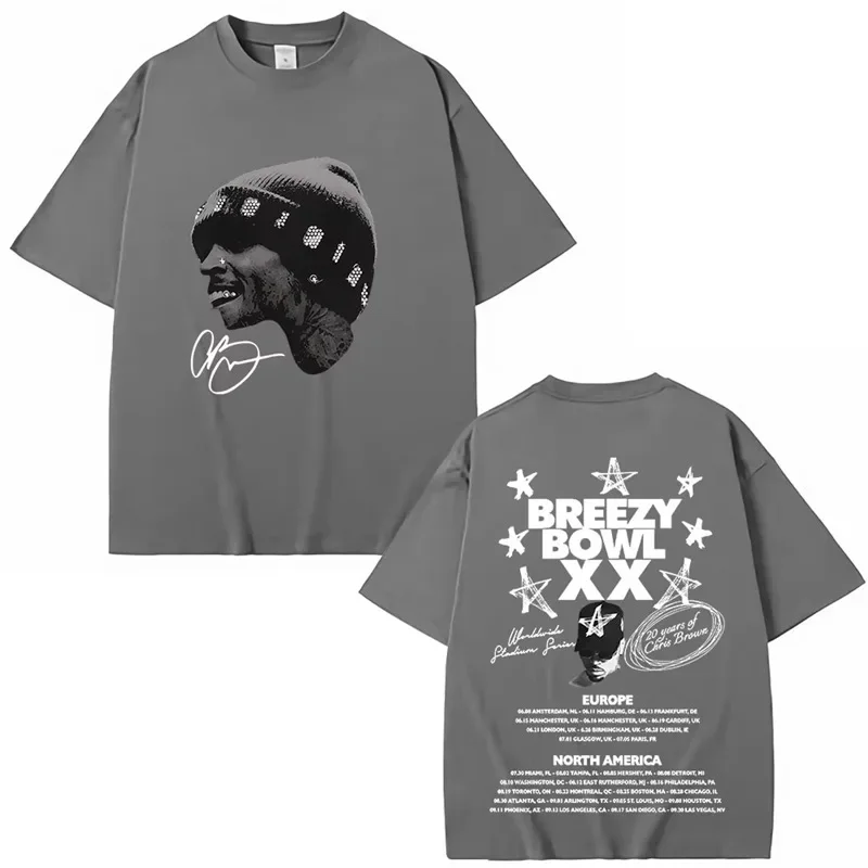 كريس براون بريزي باول XX 2025 جولة موضة الهيب هوب تي شيرت القطن طاقم الرقبة قصيرة الأكمام الديكور الخارجي المرأة